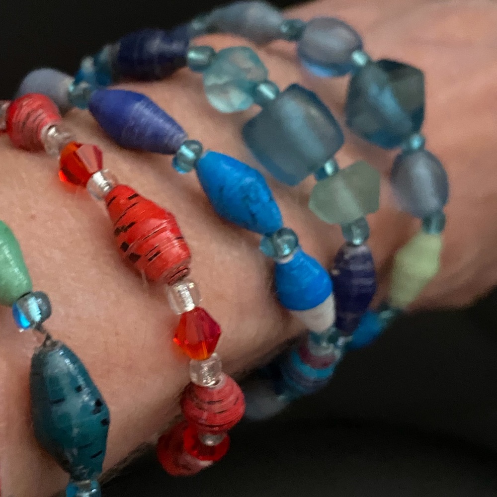 Handcrafted Stretch Recycled Paper Bead Bracelets 2-Piece Set - Blue